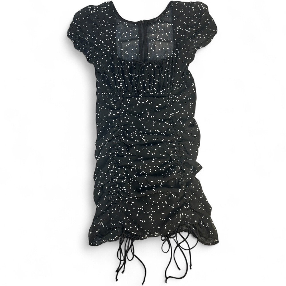 NWT Cotton Candy LA Black Ruched Mini Dress Small Puff Sleeve Tie Polka Dot